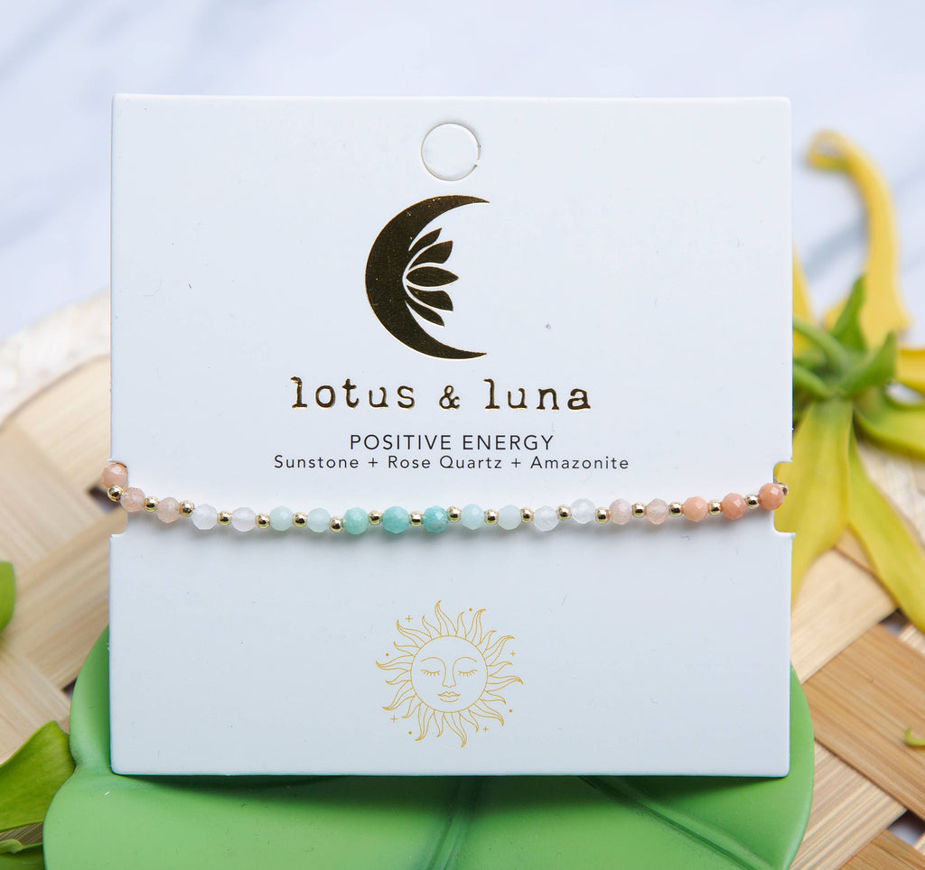 Bracelet de guérison 3 mm Positive Energy  Amazonite, Pierre de Soleil, Aventurine Rose, Quartz Rose