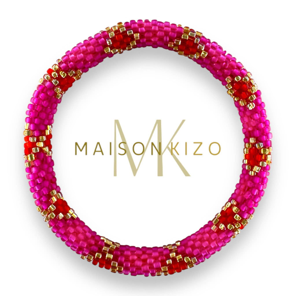 Bracelet népalais R45 fuchsia rose croix doré