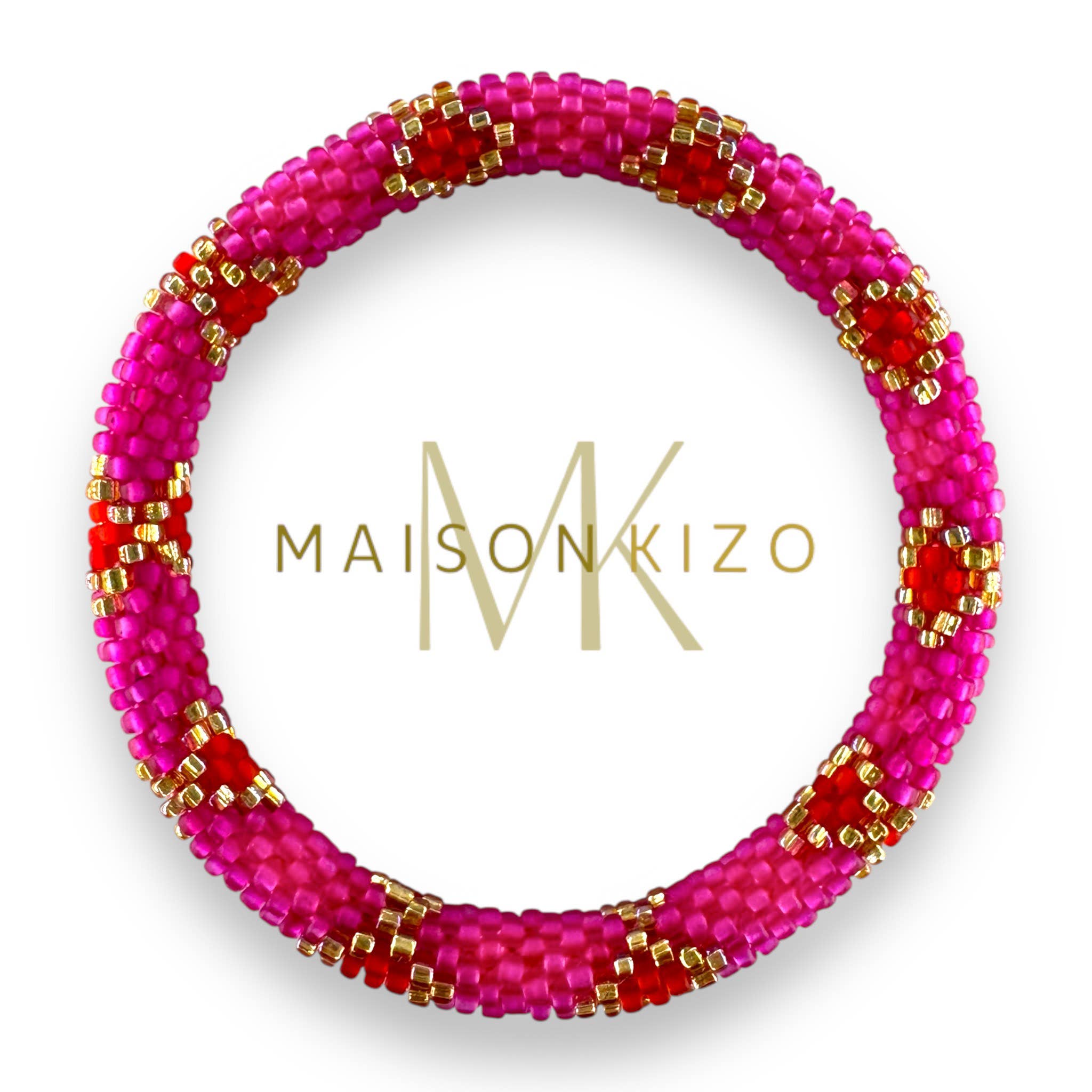 Bracelet népalais R45 fuchsia rose croix doré