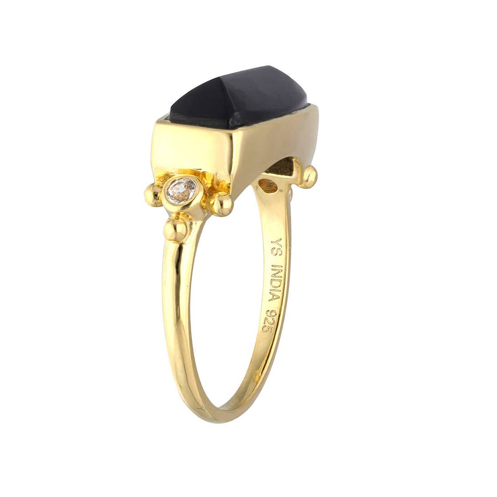 Bague en Argent 925 Plaqué Or avec Onyx Noir et Topaze Blanche
