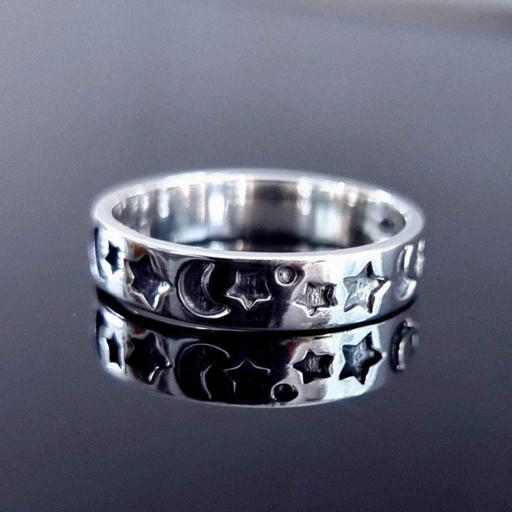 Bague Bande Unisexe Étoile et Lune Argent | Argent Sterling 925, R18