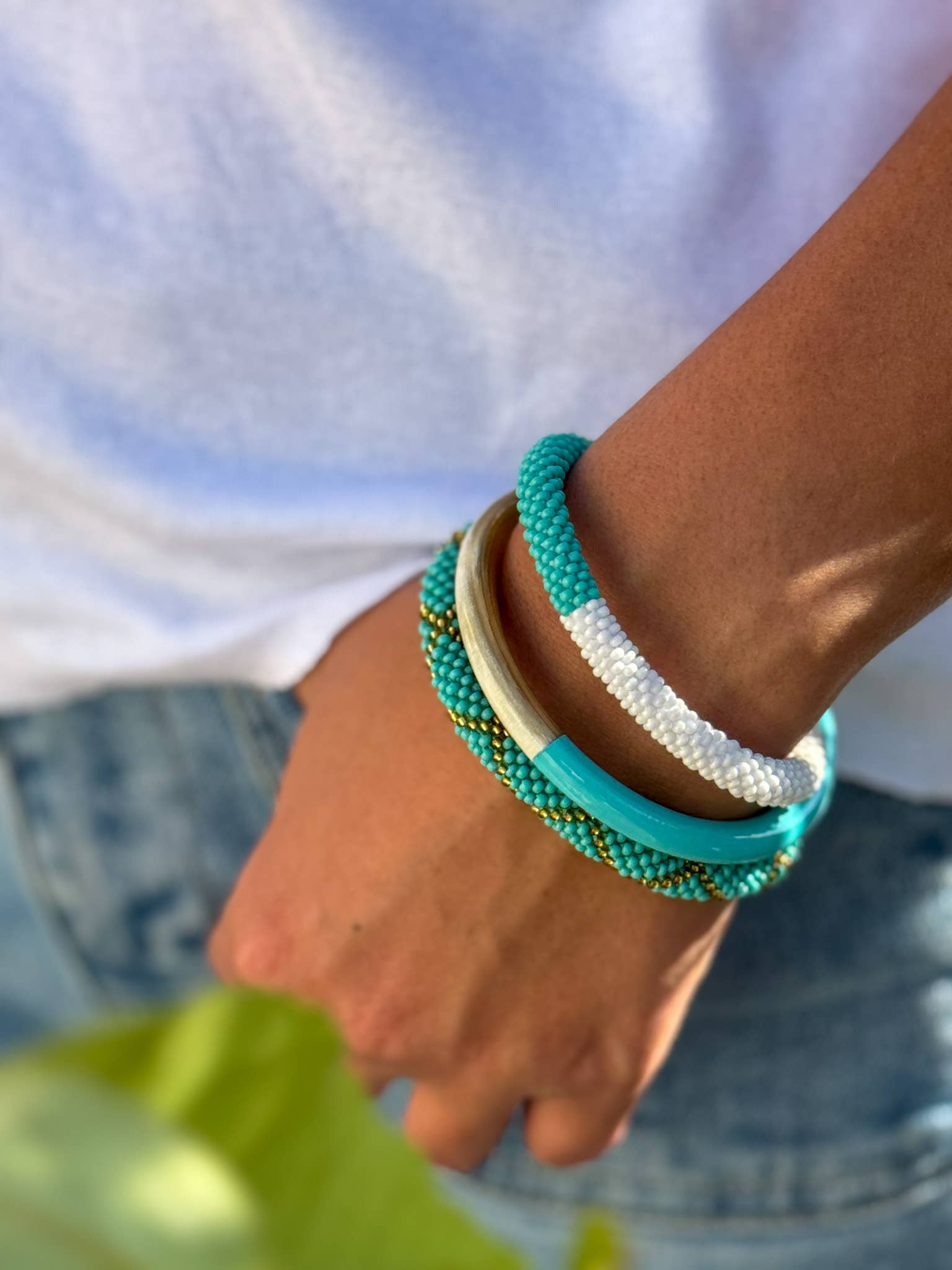 Bracelet népalais turquoise et blanc bi color