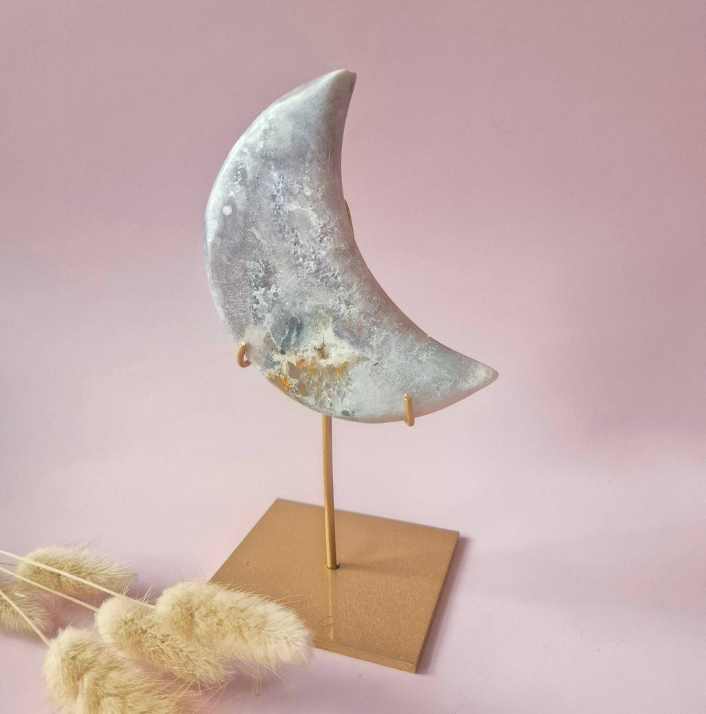 Pierre précieuse XL druse Améthyste rose « Lune » – Haute qualité  179 g | incl. support métallique | pièce unique Améthyste rose