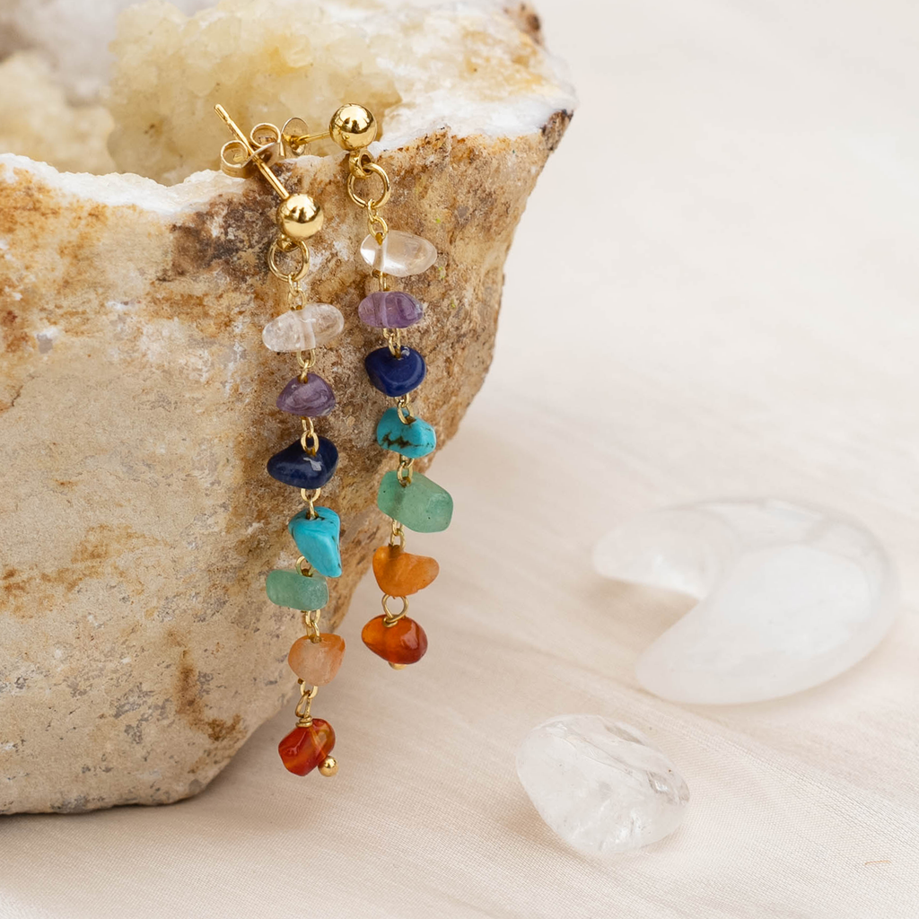 Boucles d'oreilles en pierres brutes des sept chakras en plaqué or Quartz Cornaline Agate Jade Turquoise Lapis lazuli Améthyste