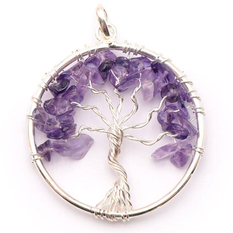 Pendentif arbre de vie Améthyste Brésil A 40mm acier inoxydable