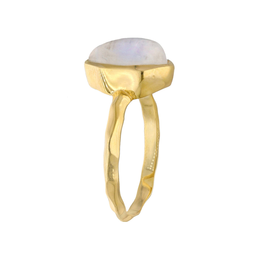 Bague Solitaire en Pierre de Lune Arc-en-Ciel Plaquée Or sur Argent