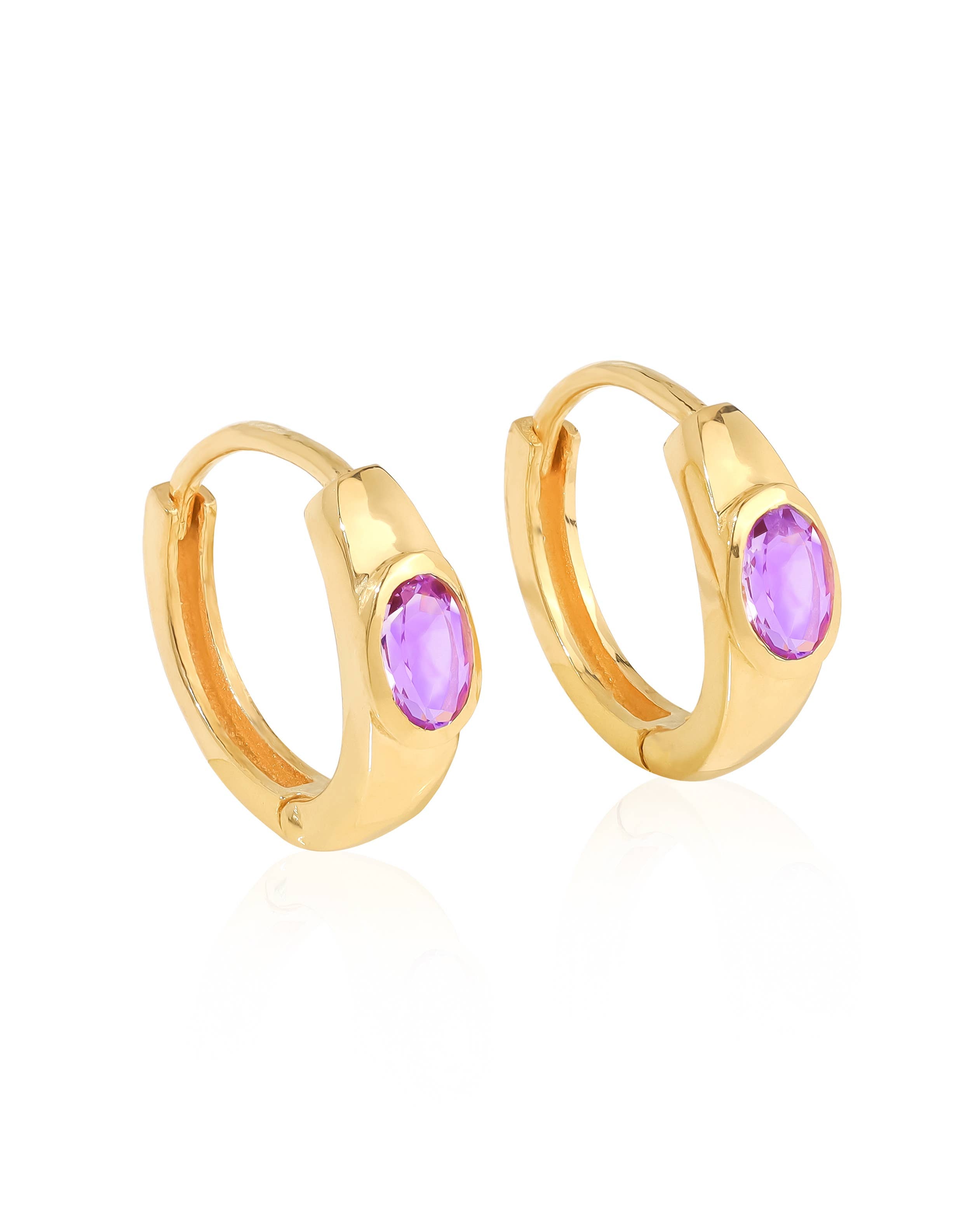 Boucles d'oreilles créoles en argent plaqué or 14K avec pierre d'améthyste