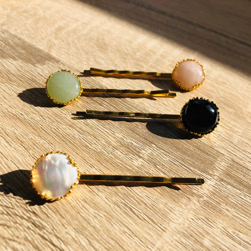 Barrette épingle pierre naturelle Margaux au choix aventurine quartz rose oeil de tigre nacre blanche