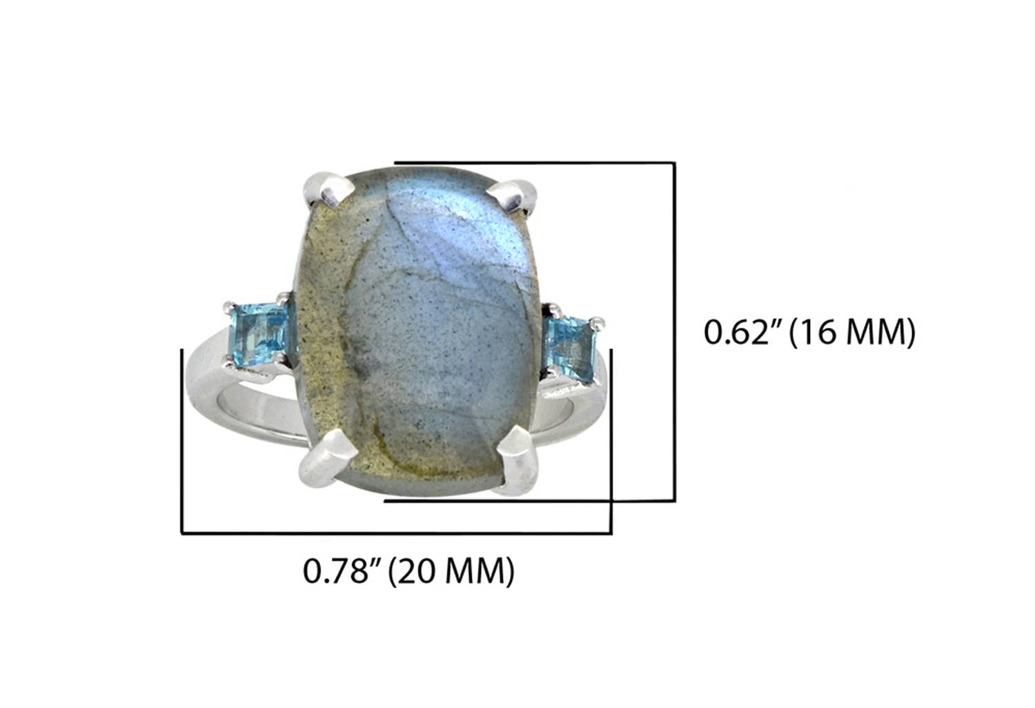 Bague en argent sterling 925 massif Labradorite Topaze bleu suisse