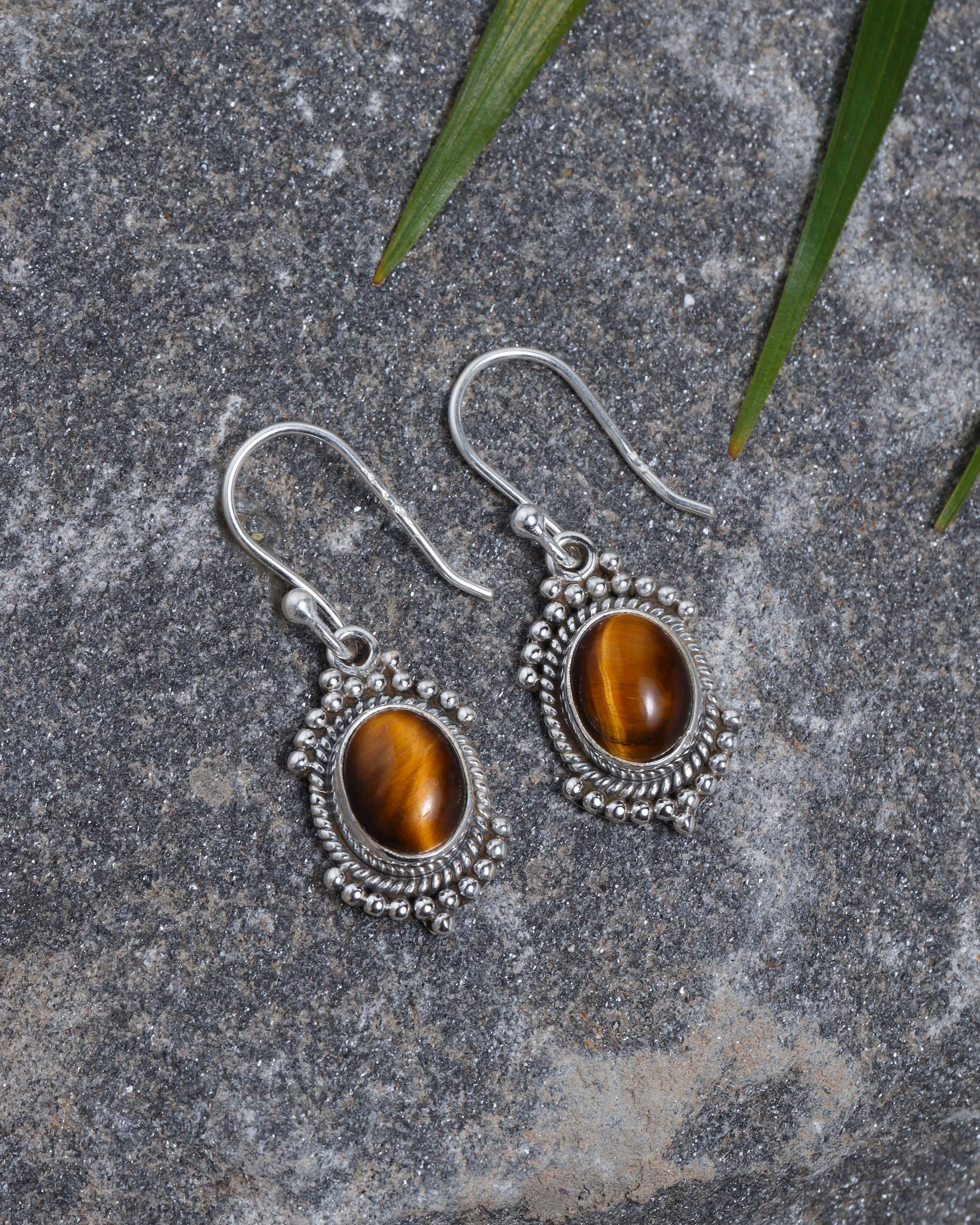 Boucles d'oreilles pendantes en argent sterling 925 avec pierre Oeil de tigre