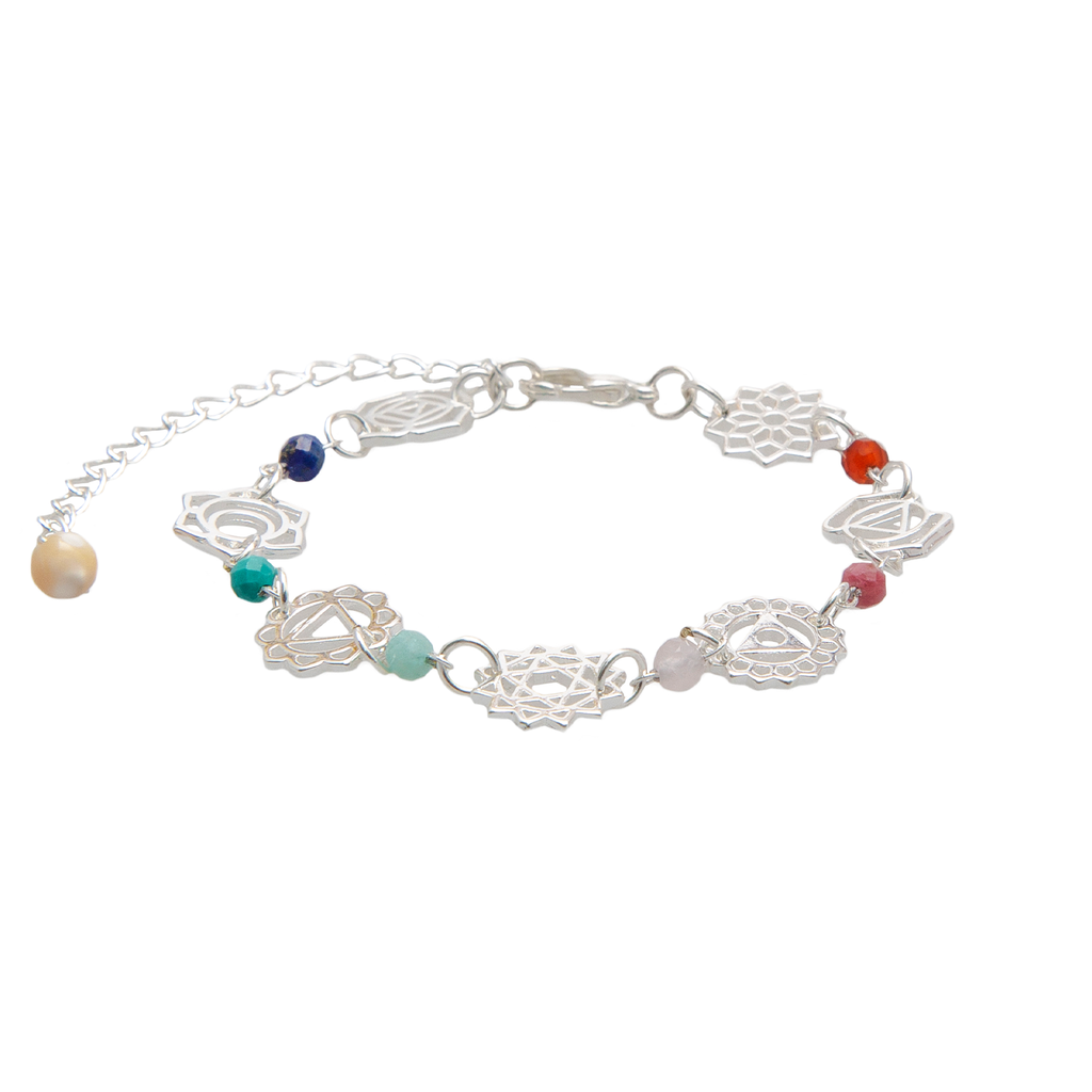 Bracelet de guérison des sept chakras en argent Lapis-lazuli turquoise amazonite quartz rose rhodolite agate