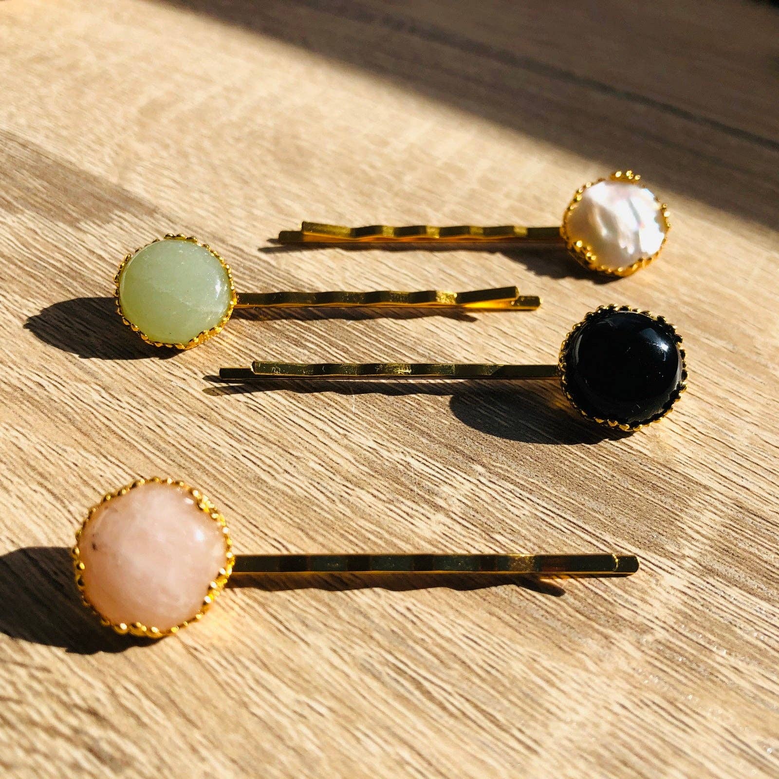 Barrette épingle pierre naturelle Margaux au choix aventurine quartz rose oeil de tigre nacre blanche