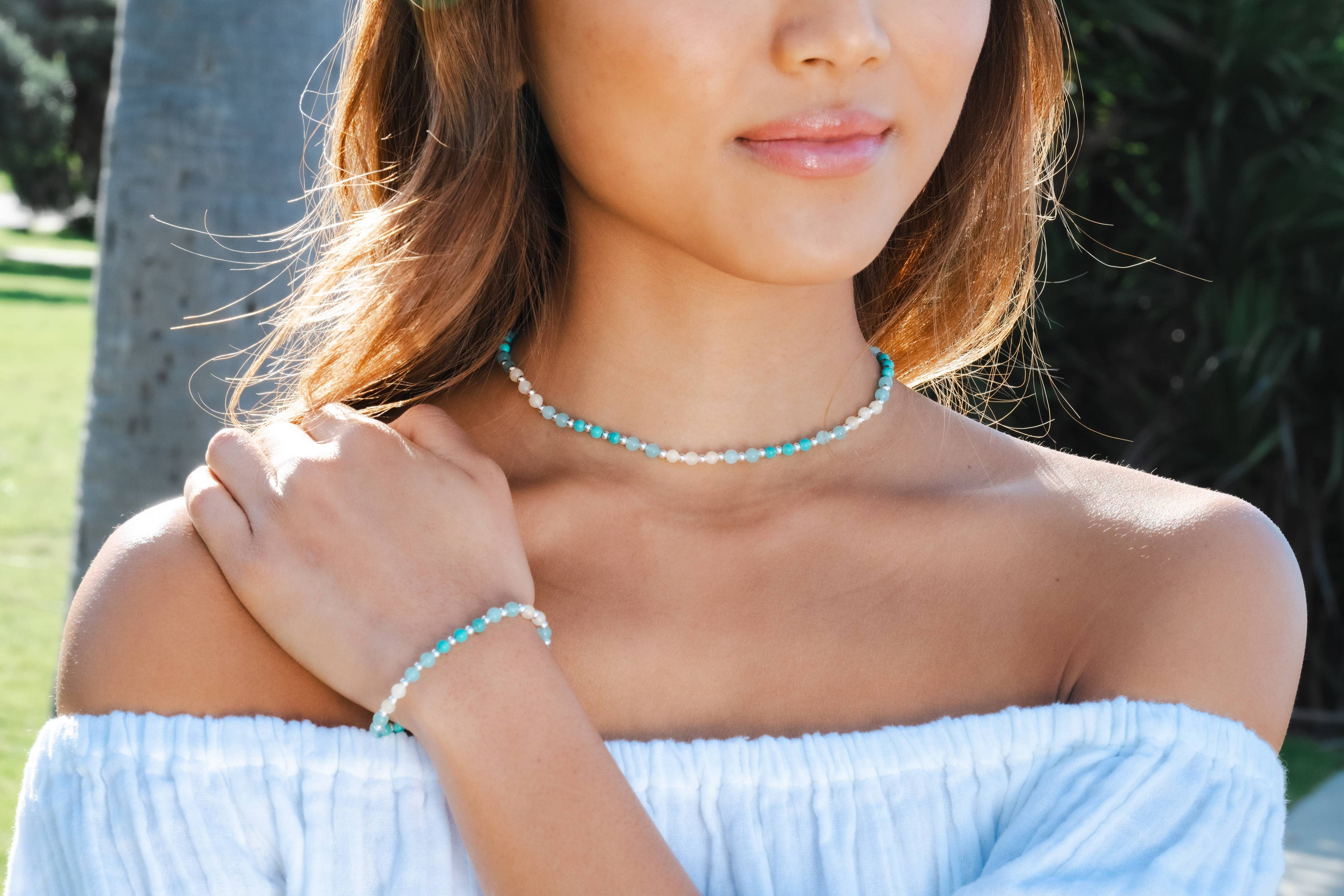 Bracelet de guérison anti-anxiété 4 mm (argent) Turquoise Quartz Amazonite