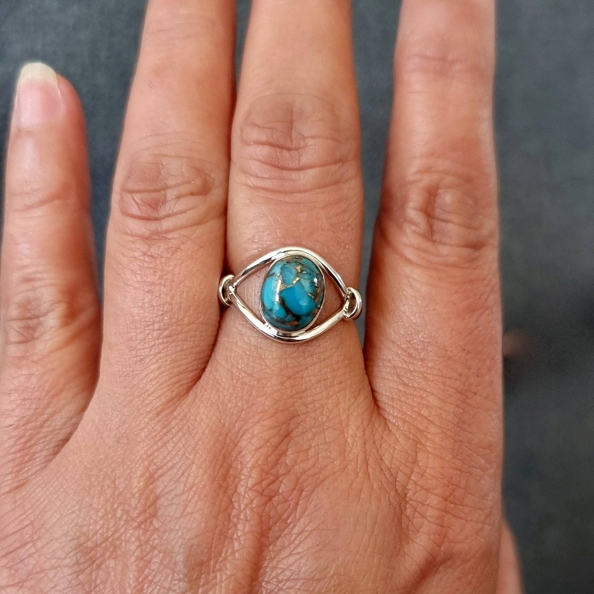 Bague Turquoise bleue et cuivre en Argent