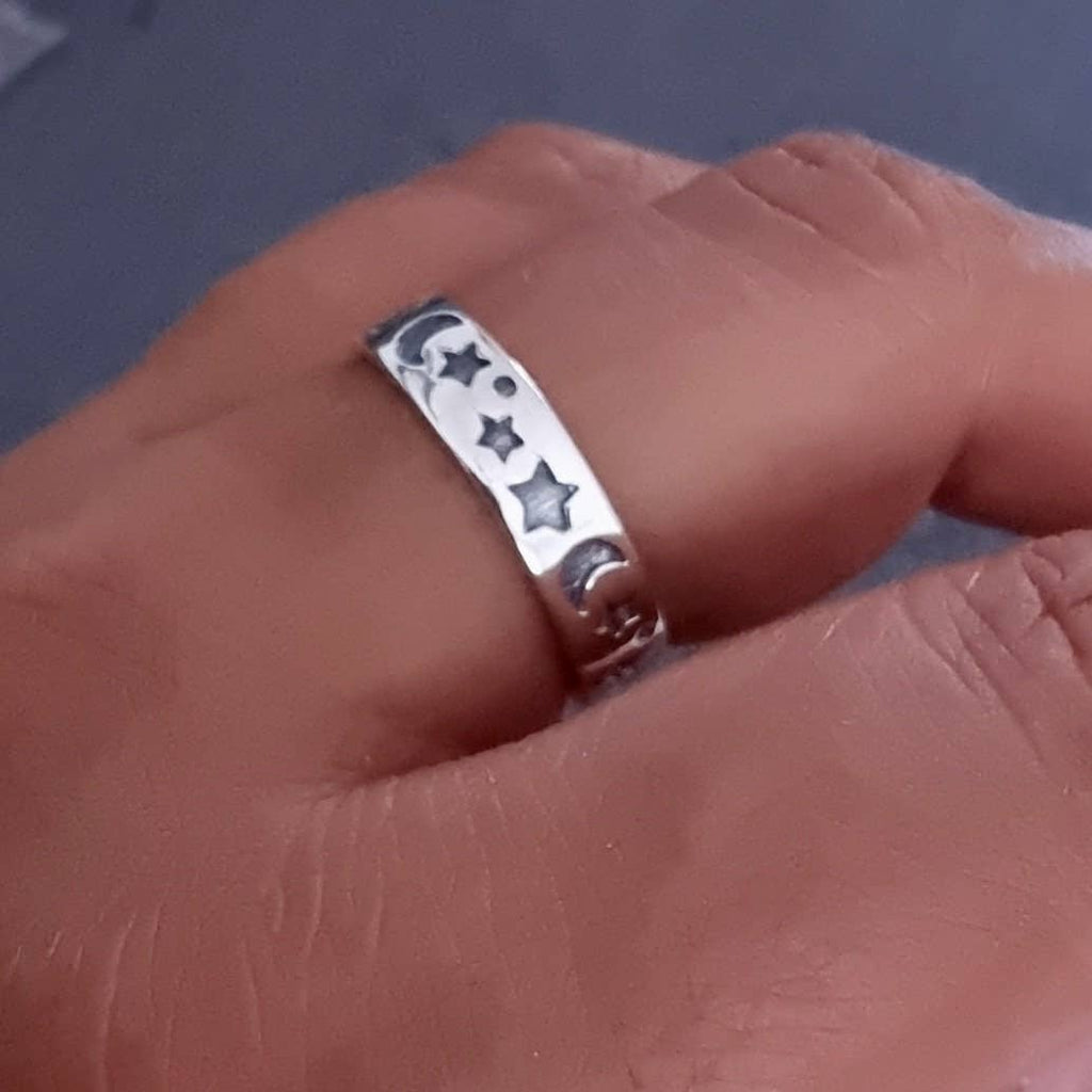 Bague Bande Unisexe Étoile et Lune Argent | Argent Sterling 925, R18