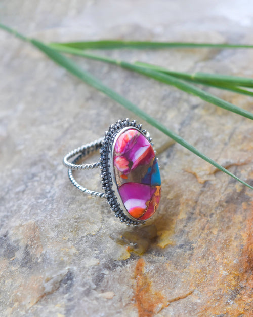 Bague Statement en Argent 925 avec Turquoise et Nacre Rose
