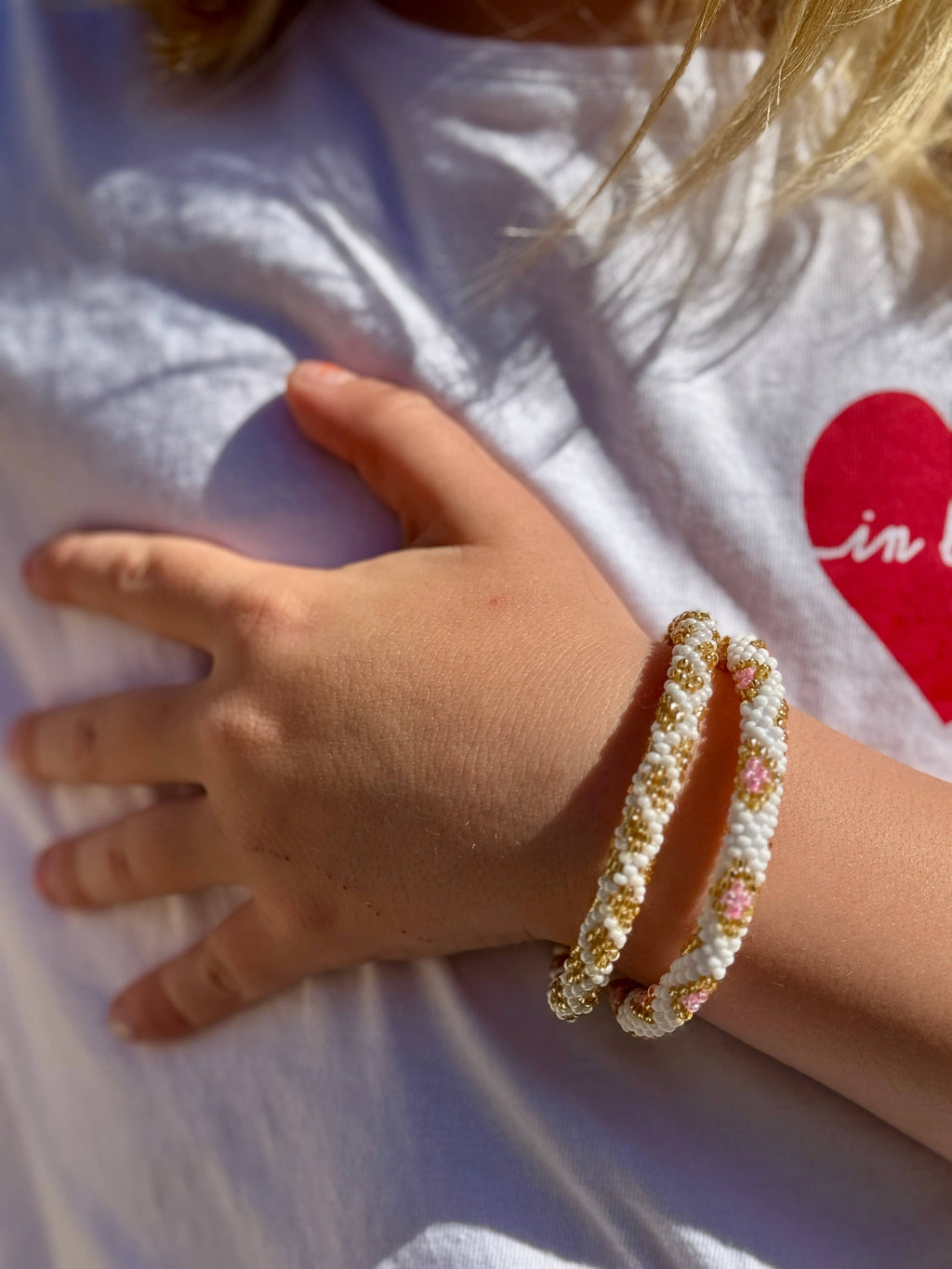Bracelet népalais MINIKIZ enfant et petit poignet adulte K24 Blanc Doré Croix