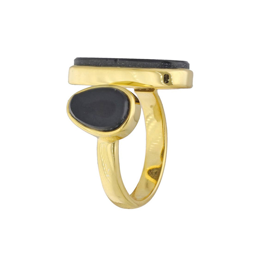 Bague ouverte Midnight Duet en laiton avec doubles ovales en Onyx noir