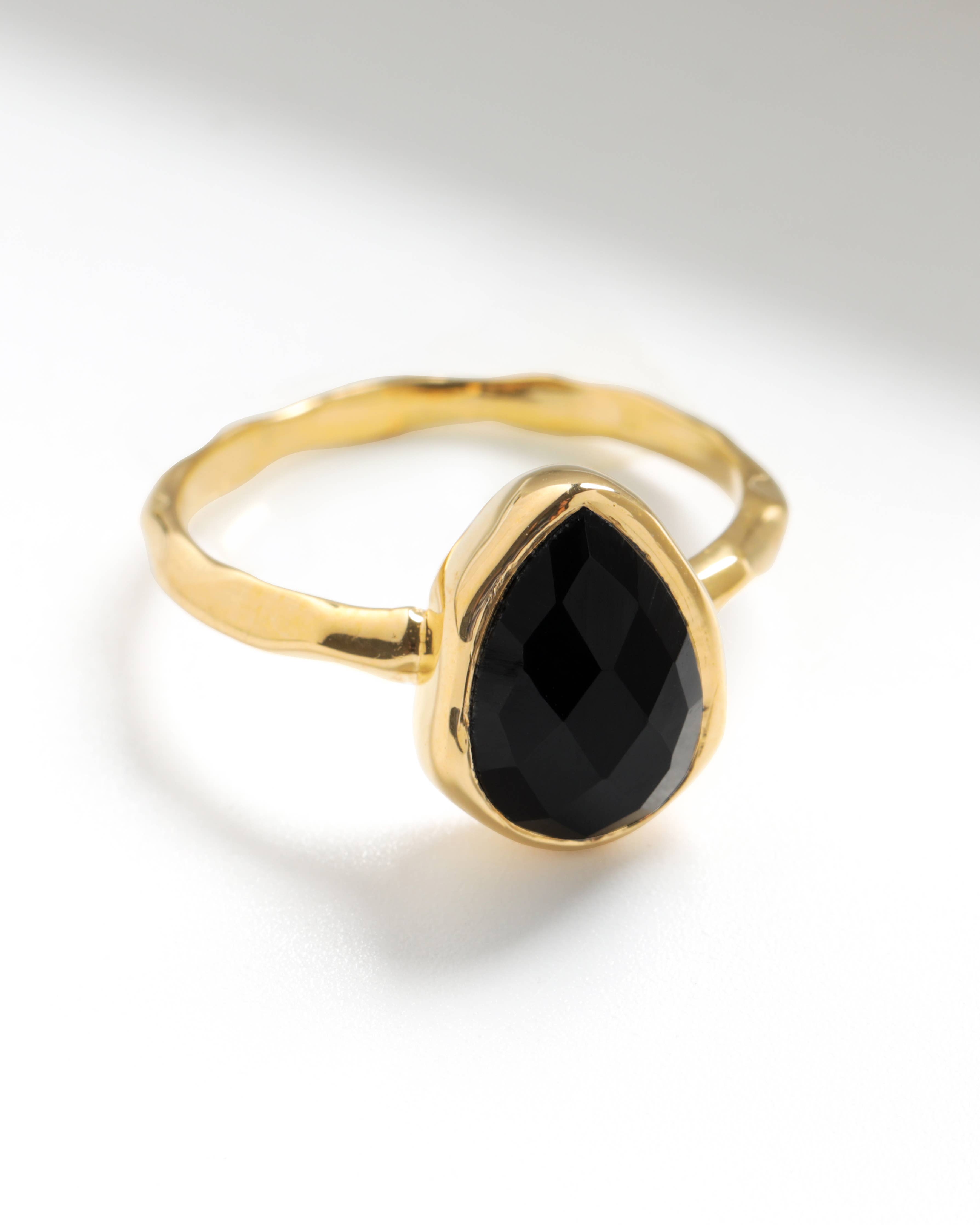 Bague Fleur en Onyx Noir Plaqué Or sur Argent