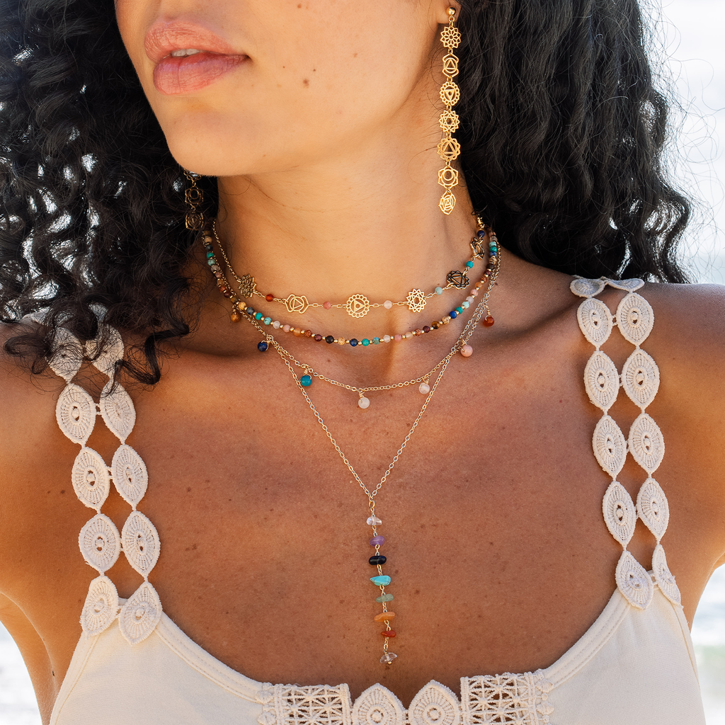 Collier de guérison des 7 chakras Plaqué or Quartz Cornaline Agate Jade Turquoise Lapis lazuli Améthyste