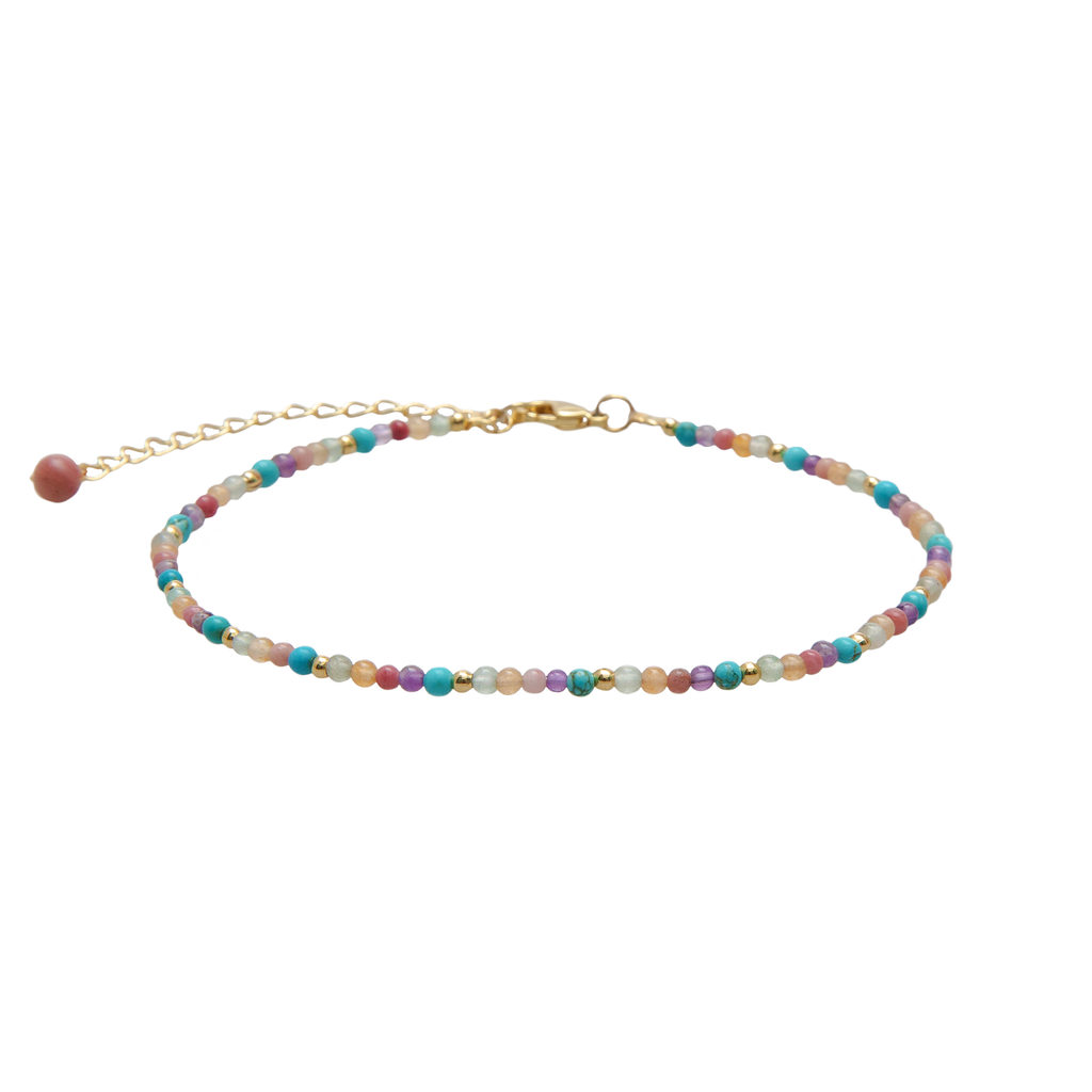 Bracelet de Cheville Vibrant Spirit 2mm plaqué or Turquoise Amethyste Rhodonite Agate Aventurine
