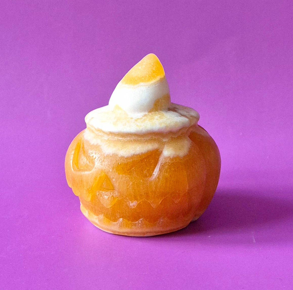 Citrouille d'Halloween en Calcite Miel avec Chapeau – env. 5 cm - Décoration en Pierre Précieuse