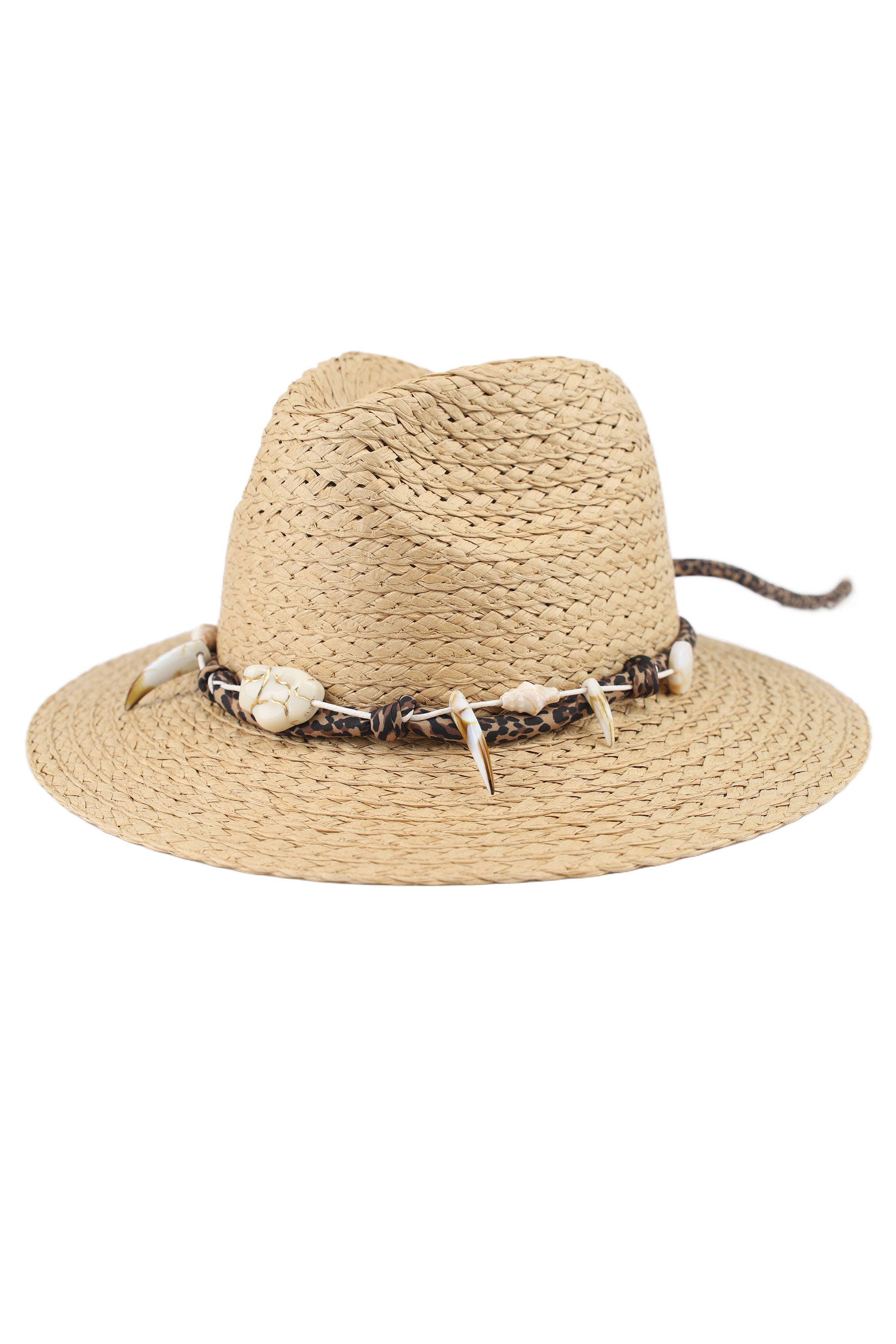Chapeau en papier tressé avec bande léopard