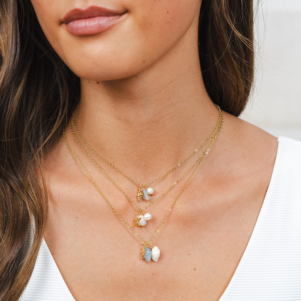 Collier coquillage Onshore Perle du Rivage Aigue Marine