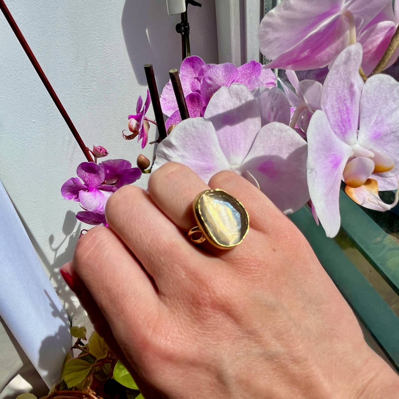 Bague "PERLINA" pierre naturelle agate beige champagne dorée or fin