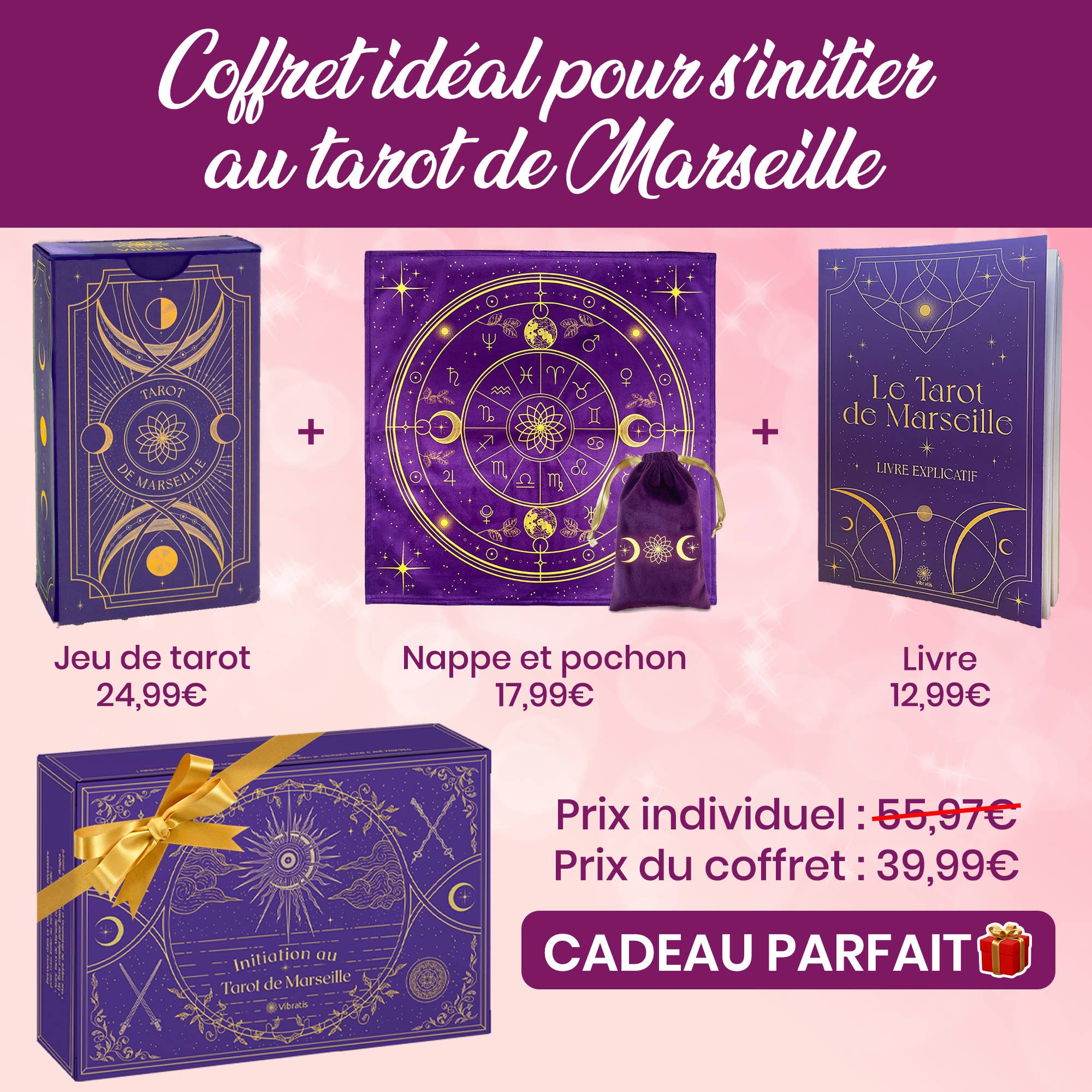 Coffret Tarot de Marseille : Tarot+Livre+Nappe divinatoire