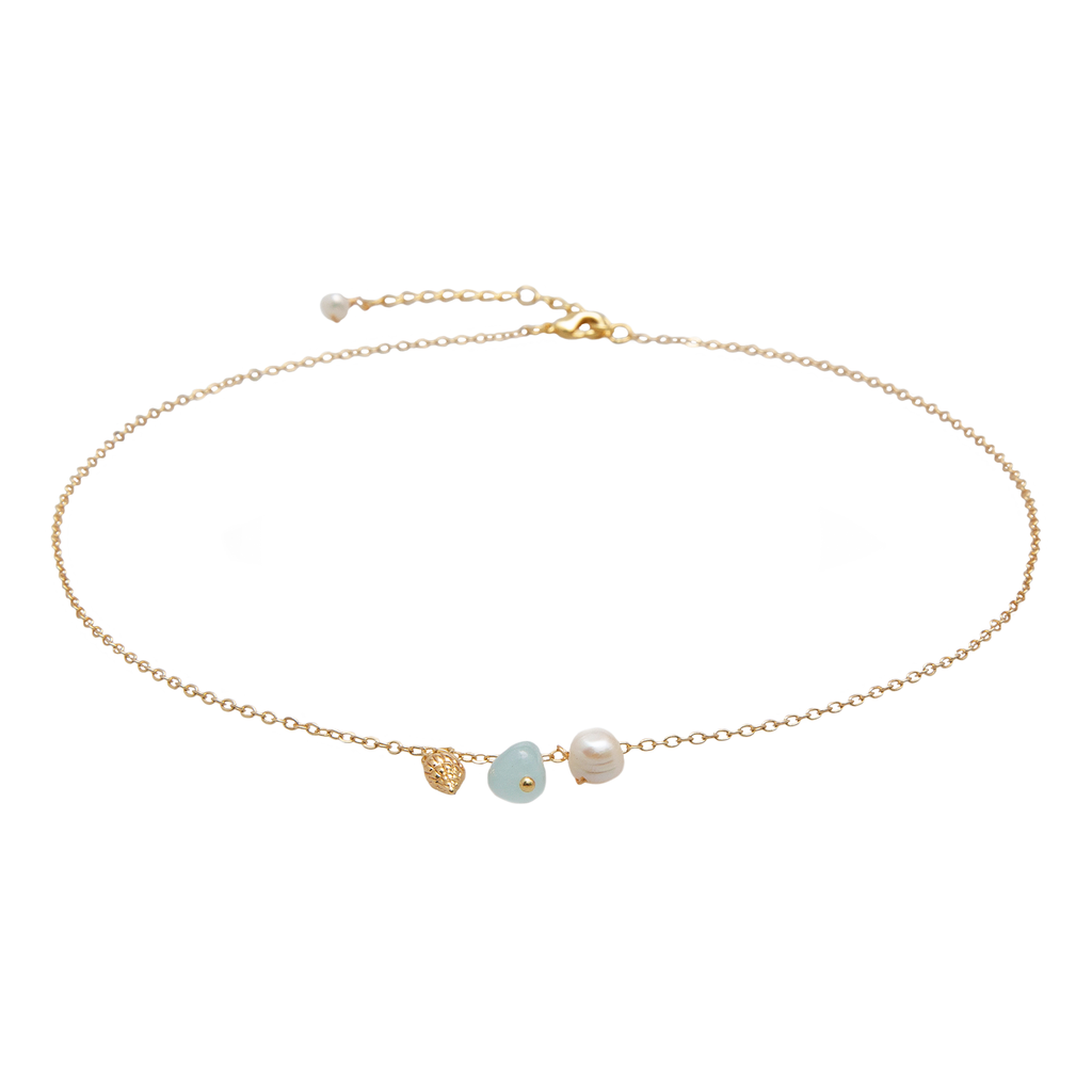 Collier coquillage Onshore Perle du Rivage Aigue Marine